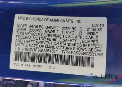 2019 Honda Accord Sport z USA, uszkodzony, nr VIN 1HGCV1F36KA054567